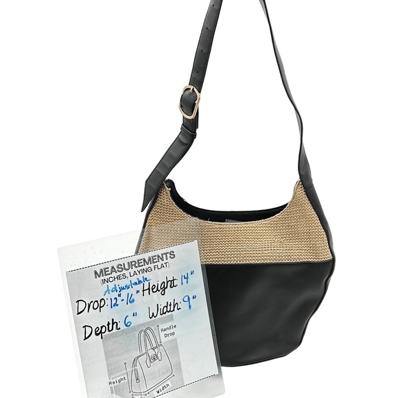 Anthropologie Shoulder Bag Women Black Woven Raffia PU Leather Boho Chic - Picture 3 of 11